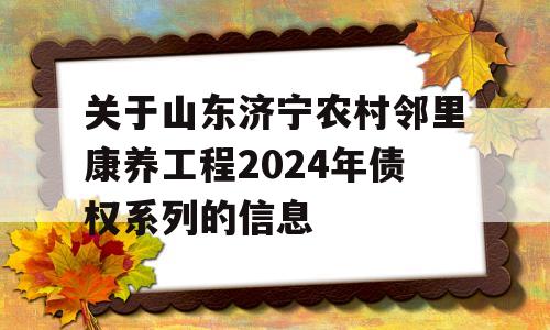 关于山东济宁农村邻里康养工程2024年债权系列的信息